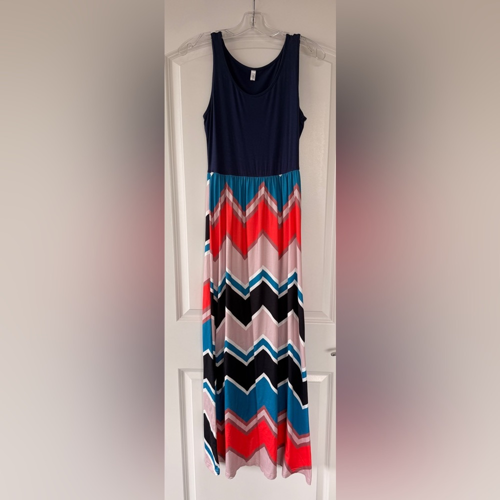 Chevron Patterned Navy Maxi Dress